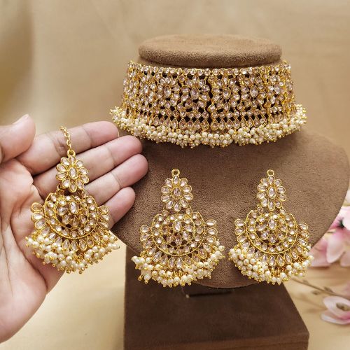 Kundan Jewelry High Gold Polish Designer Party Wear Kundan Choker Heavy Necklace Set 
